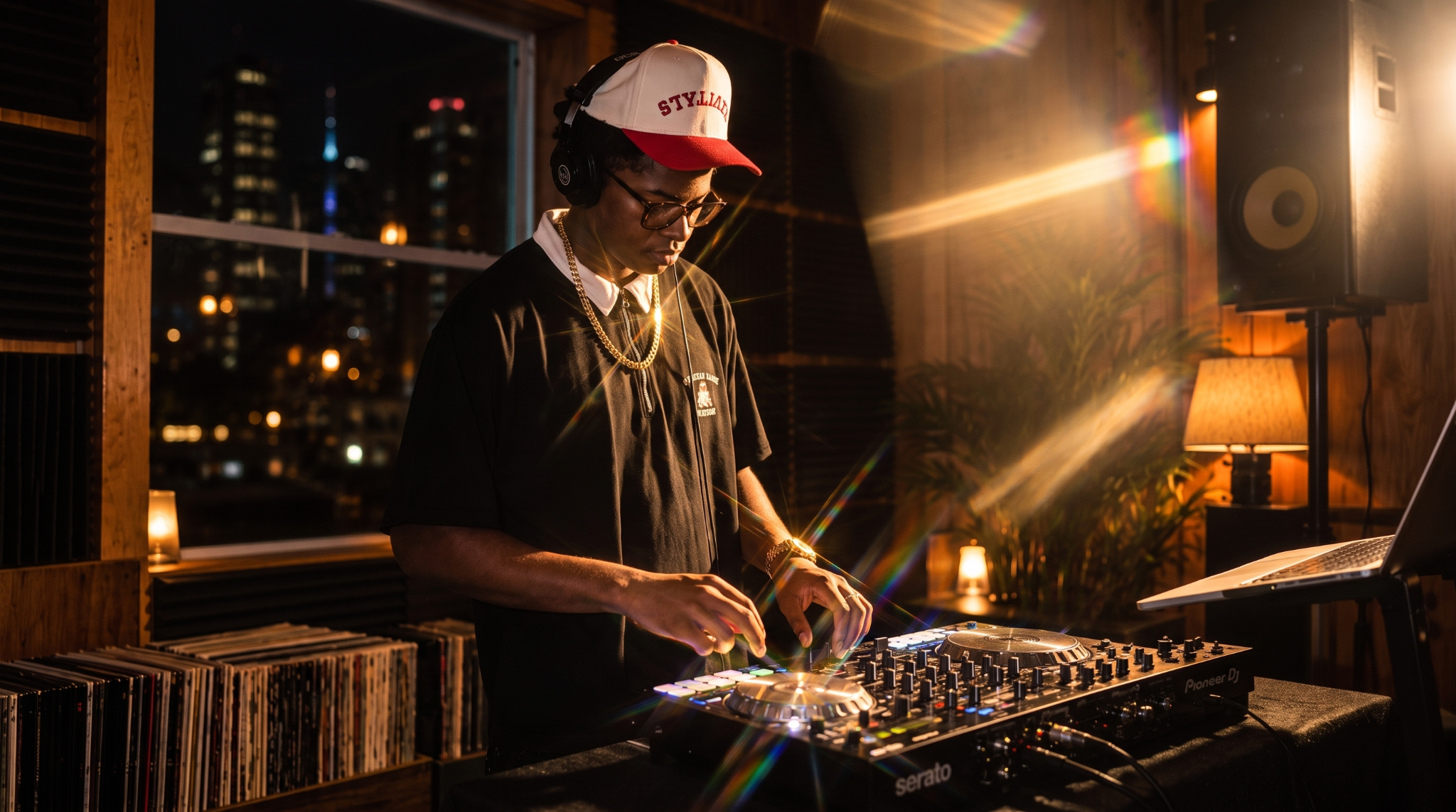 Arden DJing in a warmly lit studio